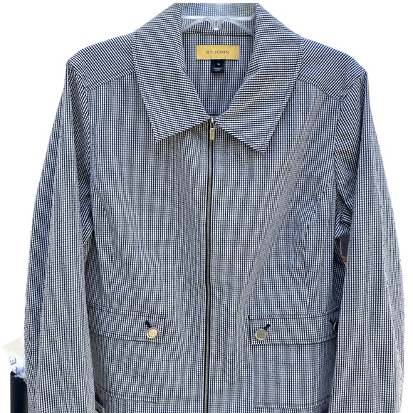 ST. JOHN Yellow Label Navy & White Checkered Gingham Front Zip Up Jacket Size 14 - Picture 3 of 8
